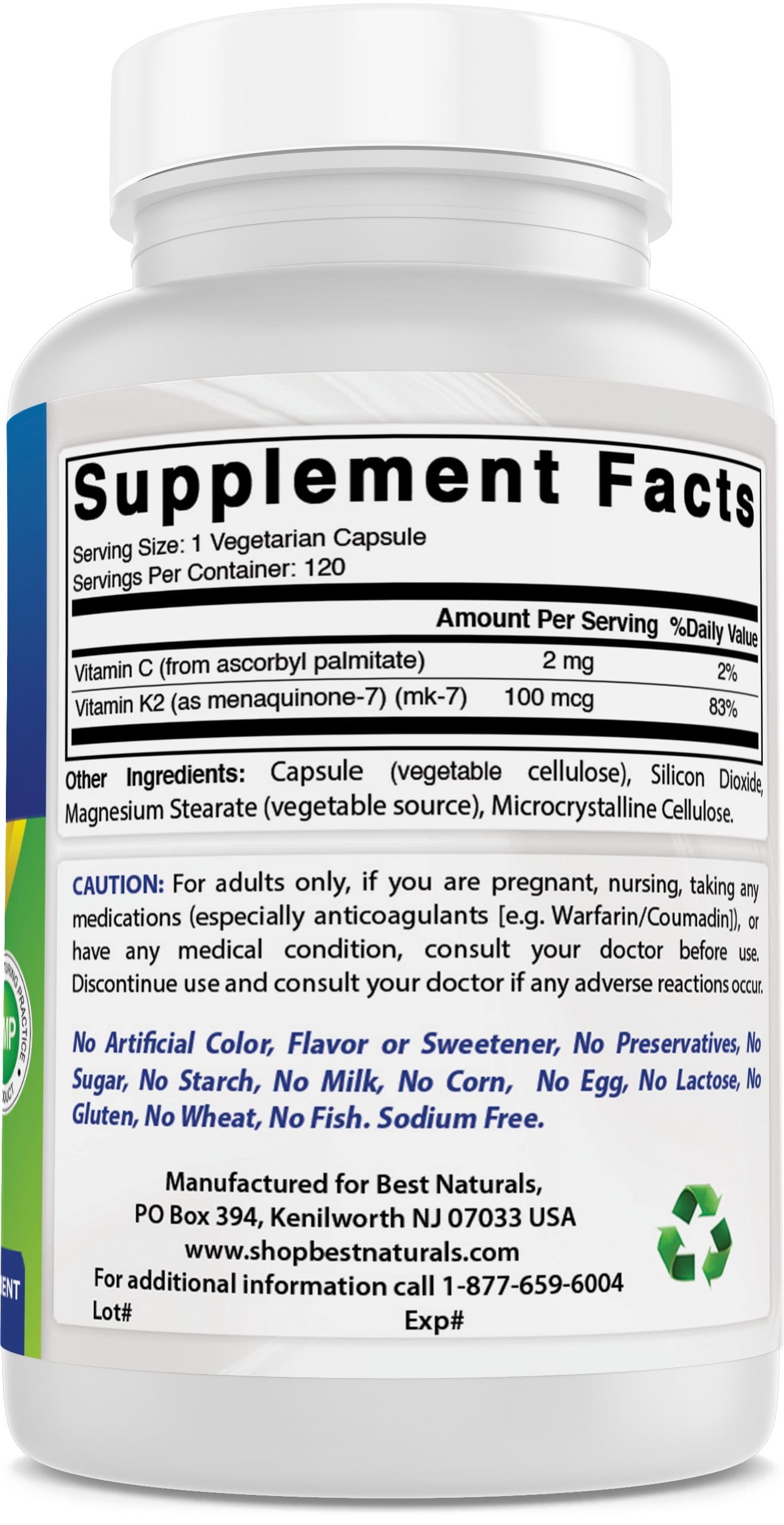 3 Pack Best Naturals MK-7 Vitamin K2 100 mcg 120 Vegetarian Capsules