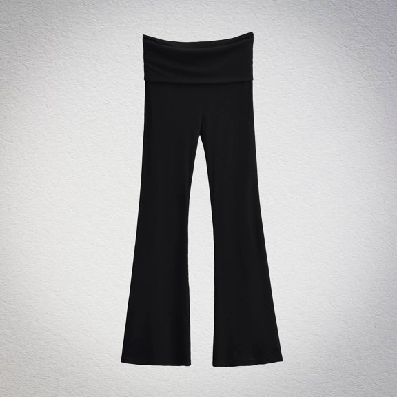 TaTaai Womens Double Layer Fold Waist Sports Pants High Elastic Slim Fit Flared Long Pants For Daily Gym Wear