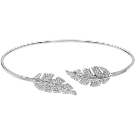 Brinley Co. Women's CZ Rhodium-Plated Sterling Silver Leaf Open-Cuff Bracelet, 7