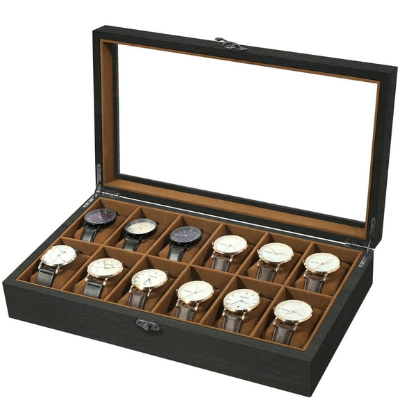Uten Luxury 12-Slot Watch Display Case, Wooden Storage Box with Glass Lid, Removable Pillows & Brown Velvet Lining (Black)