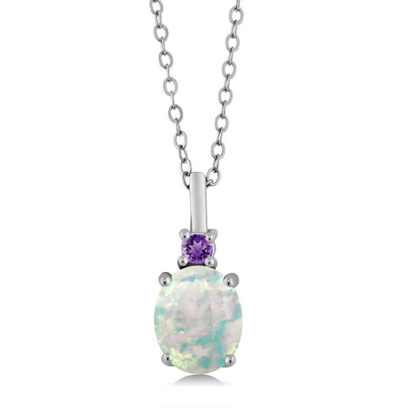 Gem Stone King 925 Sterling Silver White Simulated Opal and Purple Amethyst Pendant Necklace for Women (1.66 Cttw, Gemstone October Birthstone, Oval Cabochon 9X7MM, with 18 inch Silver Chain)