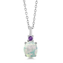Gem Stone King 925 Sterling Silver White Simulated Opal and Purple Amethyst Pendant Necklace for Women (1.66 Cttw, Gemstone October Birthstone, Oval Cabochon 9X7MM, with 18 inch Silver Chain)