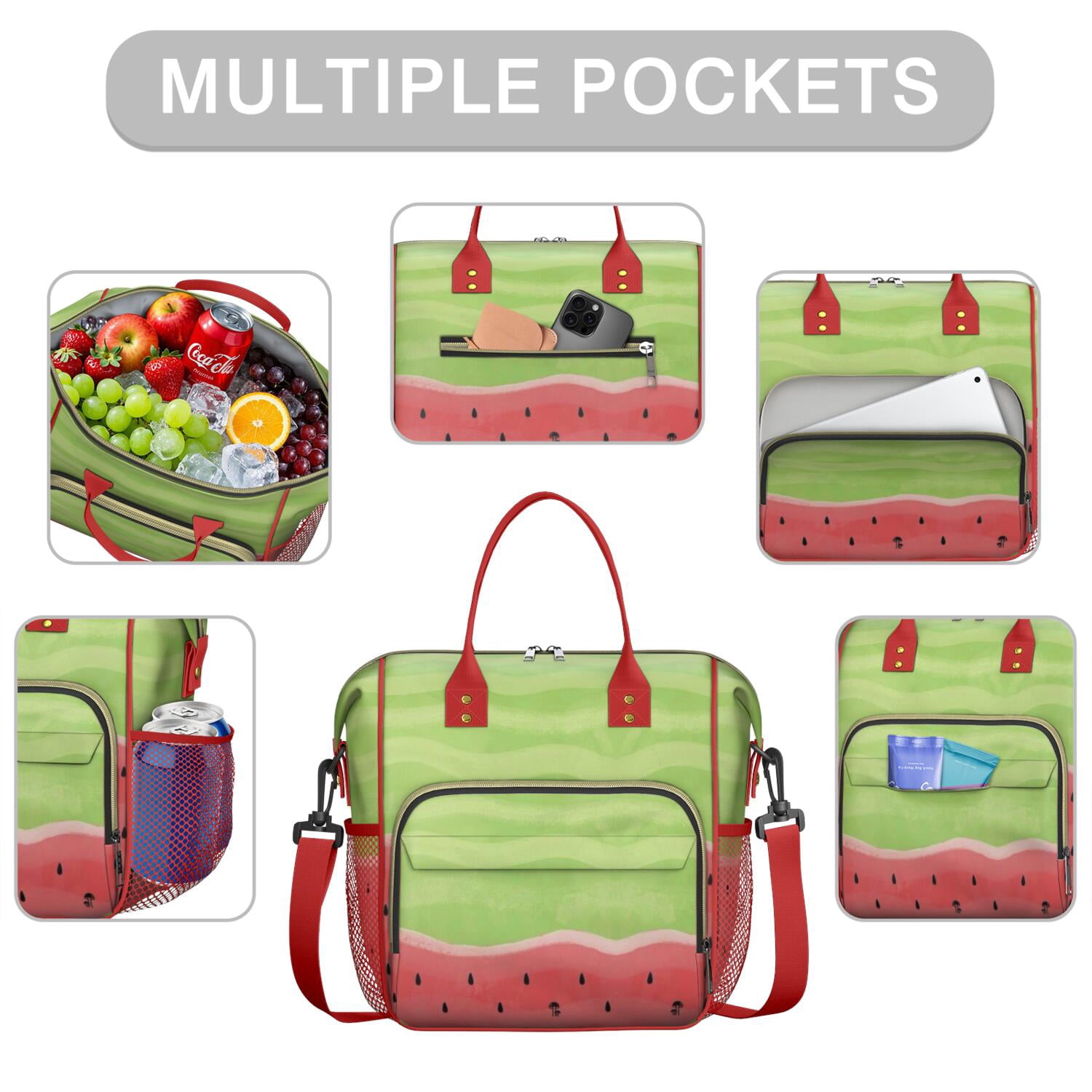 Aesthetic Geometric Watermelon Lunch Tote - Large Leakproof Cooler Bag for Men & Women, Multi-Pocket Insulated Picnic Bag for Beach & Travel