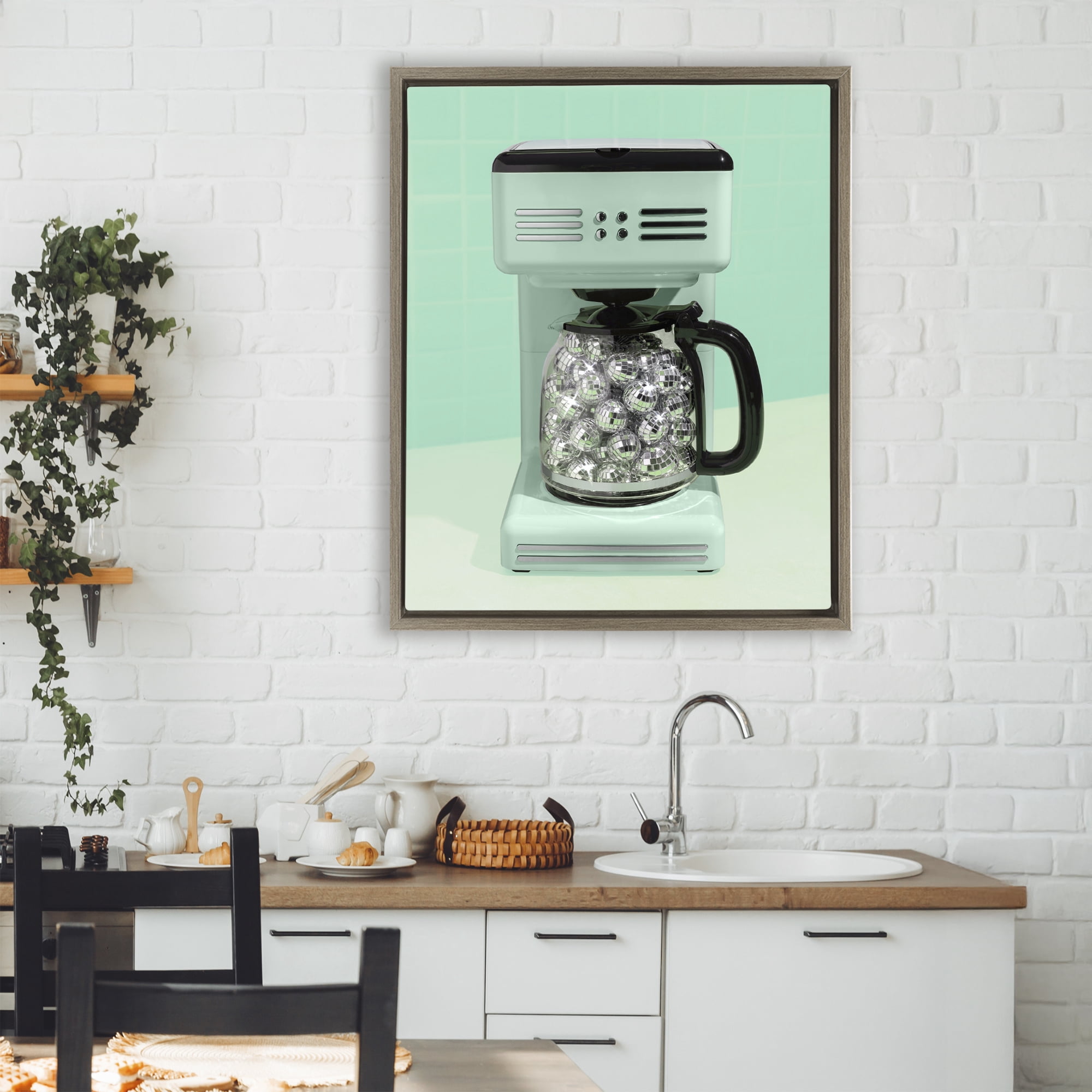 Stupell Industries Disco Coffee Maker over Green Brown Framed Floater Canvas Wall Art, design by LISH Creative