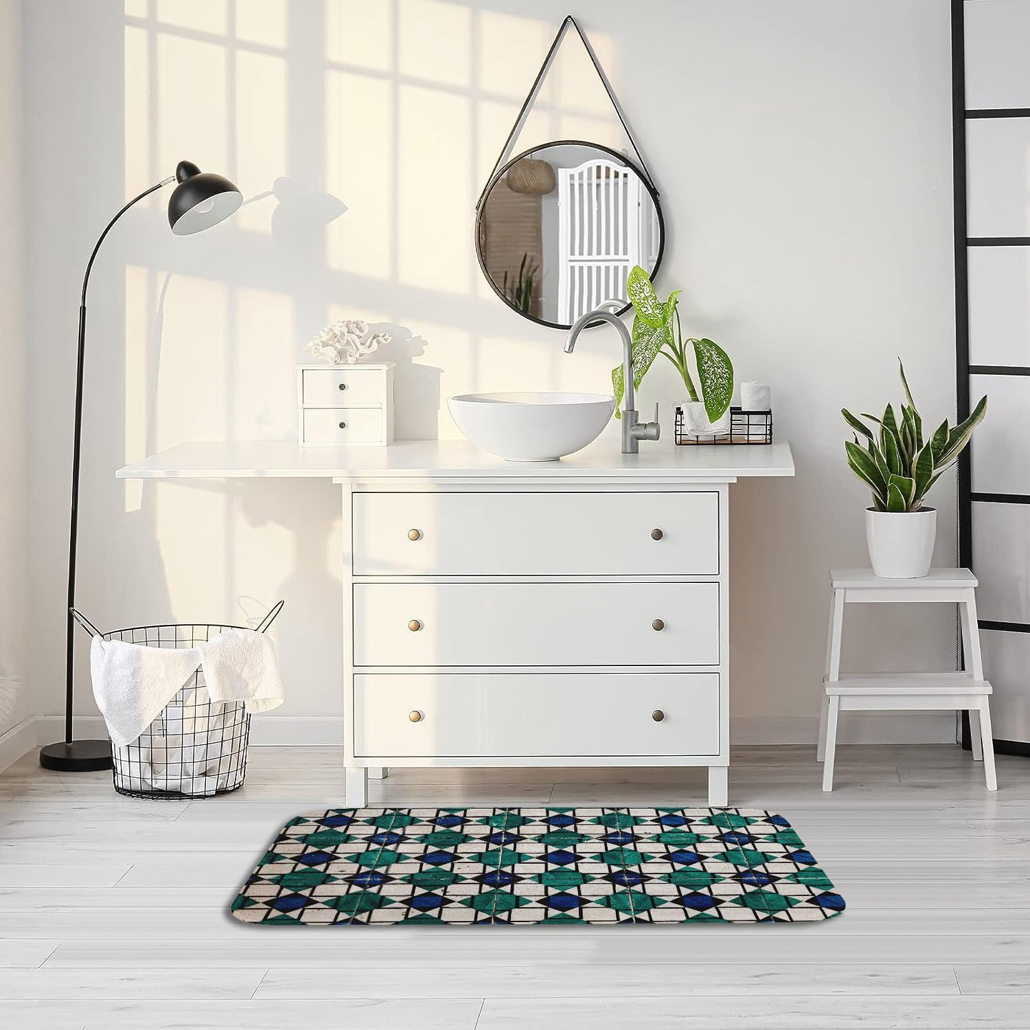 Geometric Diamond Tiles Bath Mat Non Slip Entrance Mat Doormat Dark Blue Green Geometry Neutral Bathroom Tub Rugs Extra Soft and Water Absorbent Door Mat Floor Mats 19.5x31.5 Inch
