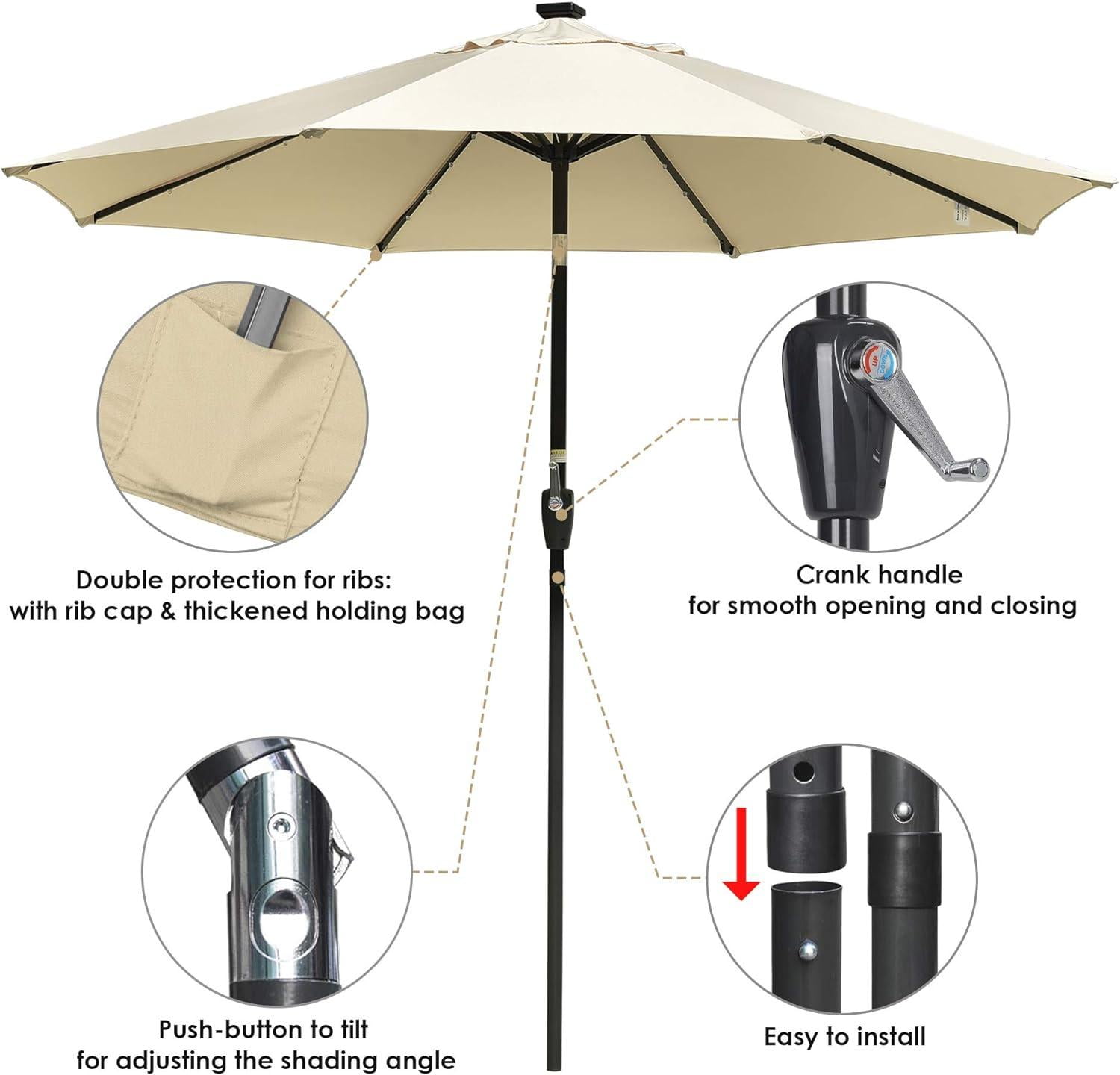 10ft Solar LED Outdoor Market Tilt Patio Umbrella, Beige