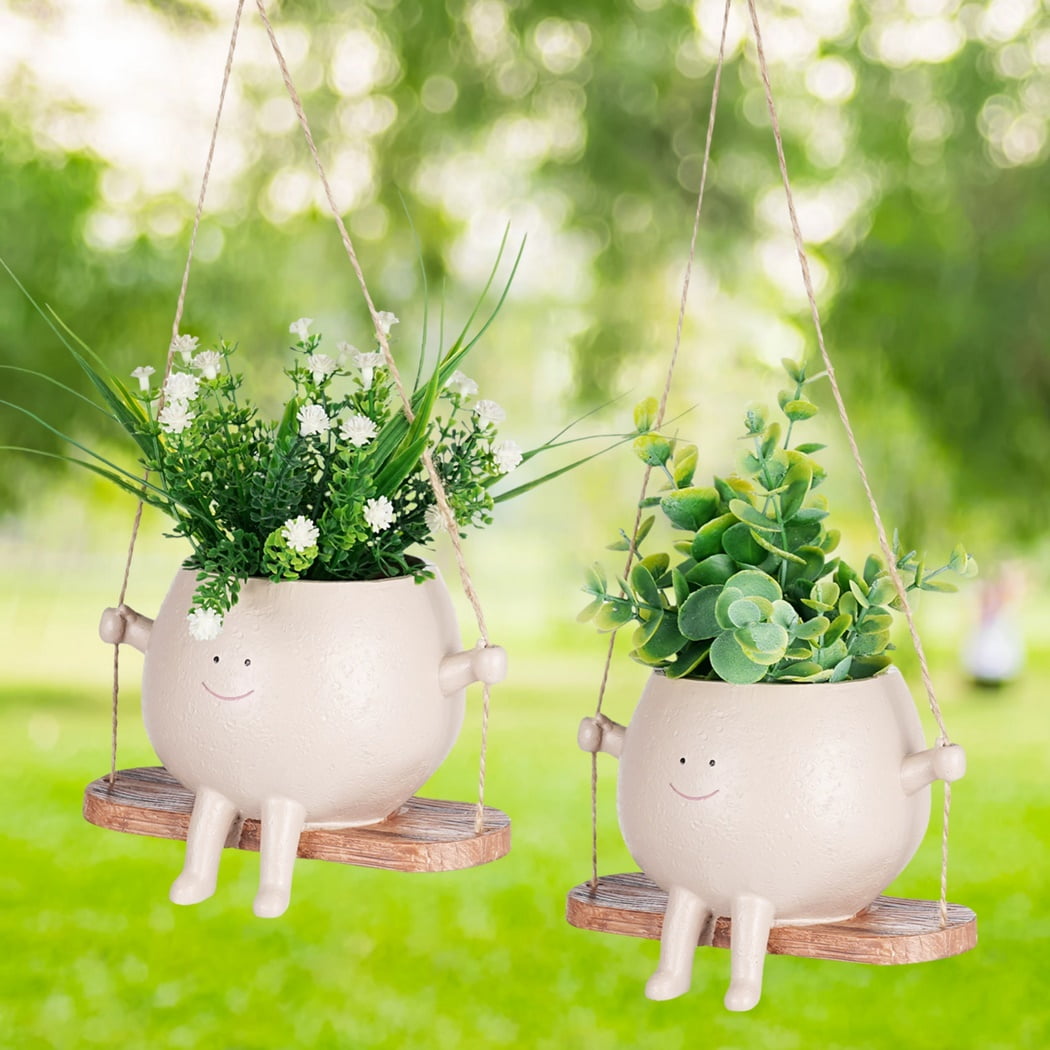 2 Pcs Swing Face Planter Pot Swing Flowers Pot Cute Hanging Swing Planter Resin Swing Plant Pot,Resin Hanging Head Succulent Pots for Home Garden Decor