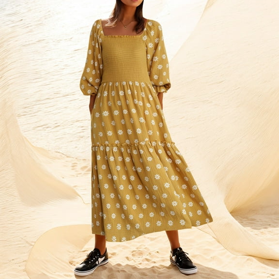 Women Floral Embroidered Maxi Dress Long Puff Sleeve Square Neck Bohemian Flowy Dress With Pockets Smocked Fall Dress plus Size Long Dresses for Women Dark Dress Formal Gowns for Women plus Size Dress