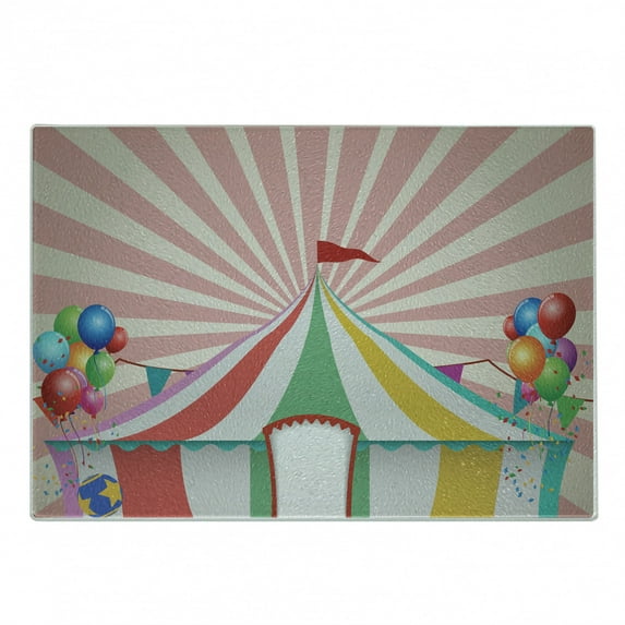Circus Cutting Board, Old Style Vintage Circus Tent with Balloons Carnival Celebration Performance Animals, Decorative Tempered Glass Cutting and Serving Board, Small Size, Multicolor, by Ambesonne