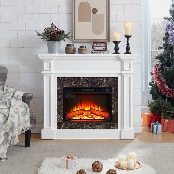 45.66"W*11.8"D*40"H Electric Fireplace with Mantel, Fireplace Mantel, Fireplace Heater Freestanding, Realistic Stacked Stone Surround with Remote Control Timer LED Flame, White