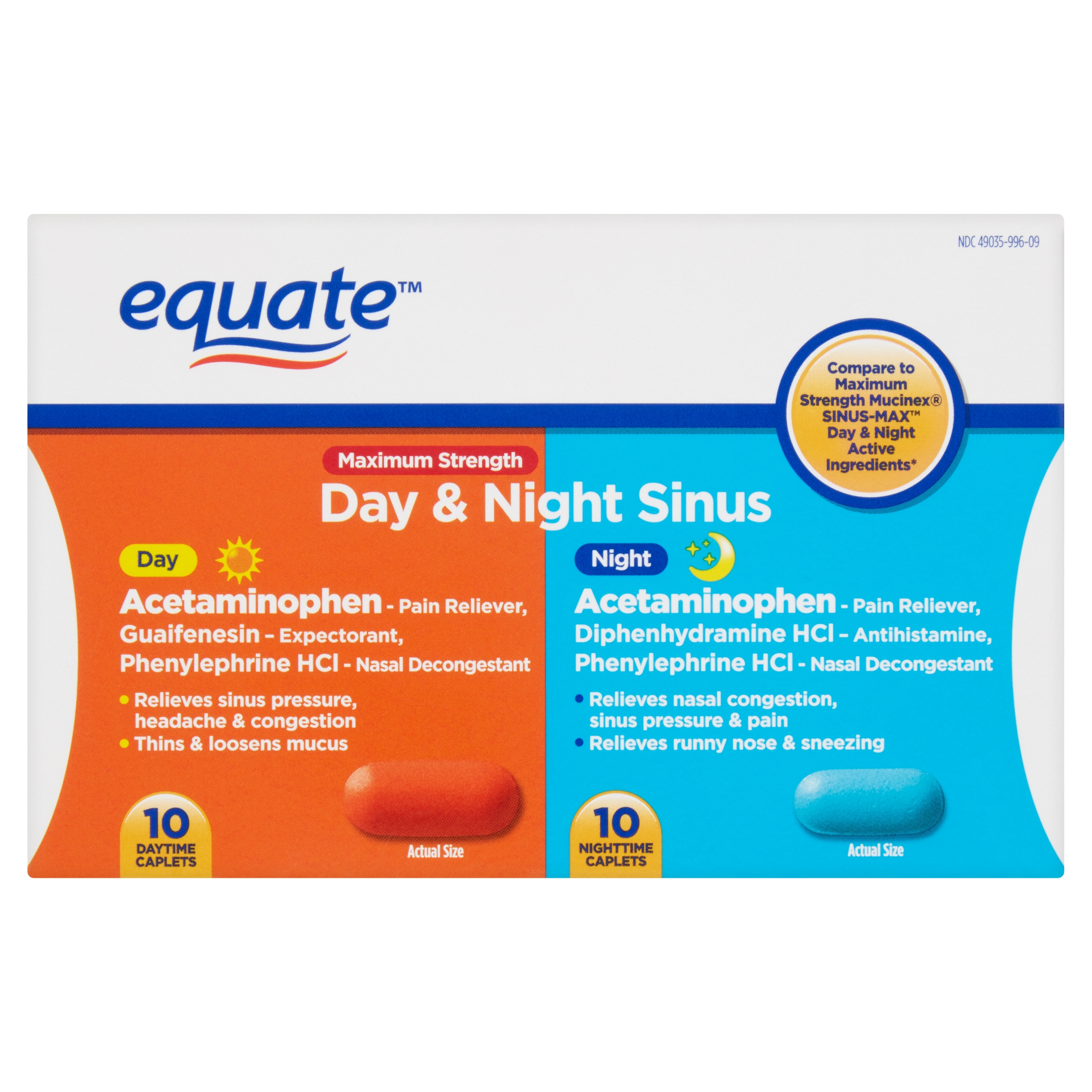Equate Maximum Strength Day & Night Sinus Relief Caplets, 20 Count - image 5 of 8