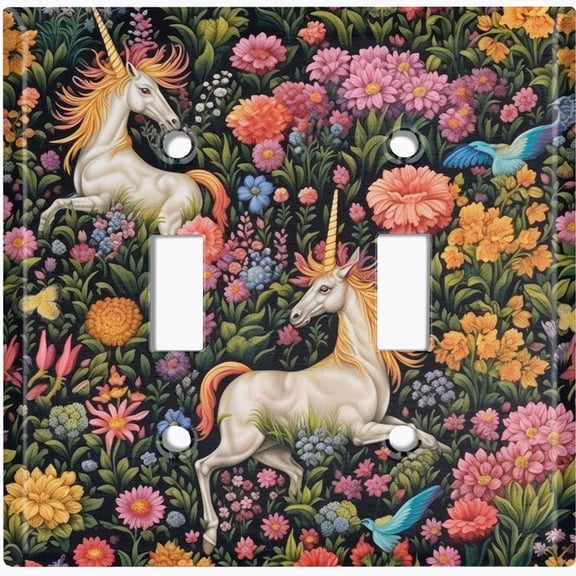 Metal Light Switch Wall Plate Outlet Cover (Printed Image of Whimsical Unicorns - Double Toggle)