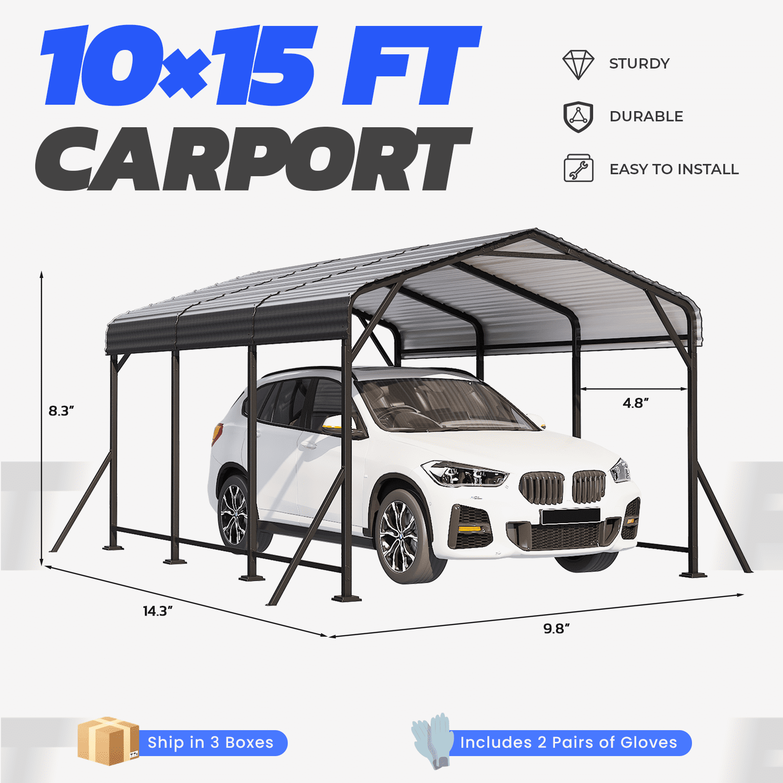 Mellcom Metal Carport 10'x15' ，Heavy Duty Outdoor Carport with Galvanized Metal Roof and Frame for Car,RV and Trucks