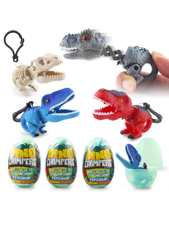 Surprise Eggs with Dinosaur Toys Inside, 4 Pack Egg Toys Filled with Dino Chomper Keychains Birthday Gift Party Favors for Backpack Boys and Girls