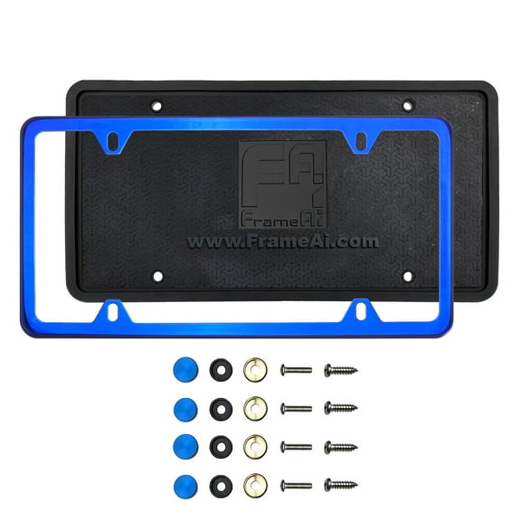 KA Depot Silicone Back Guard Four Holes Slim License Plate Holder Blue Chrome Mirror License Plate Frame T304 Stainless Steel   Metal Screw Caps