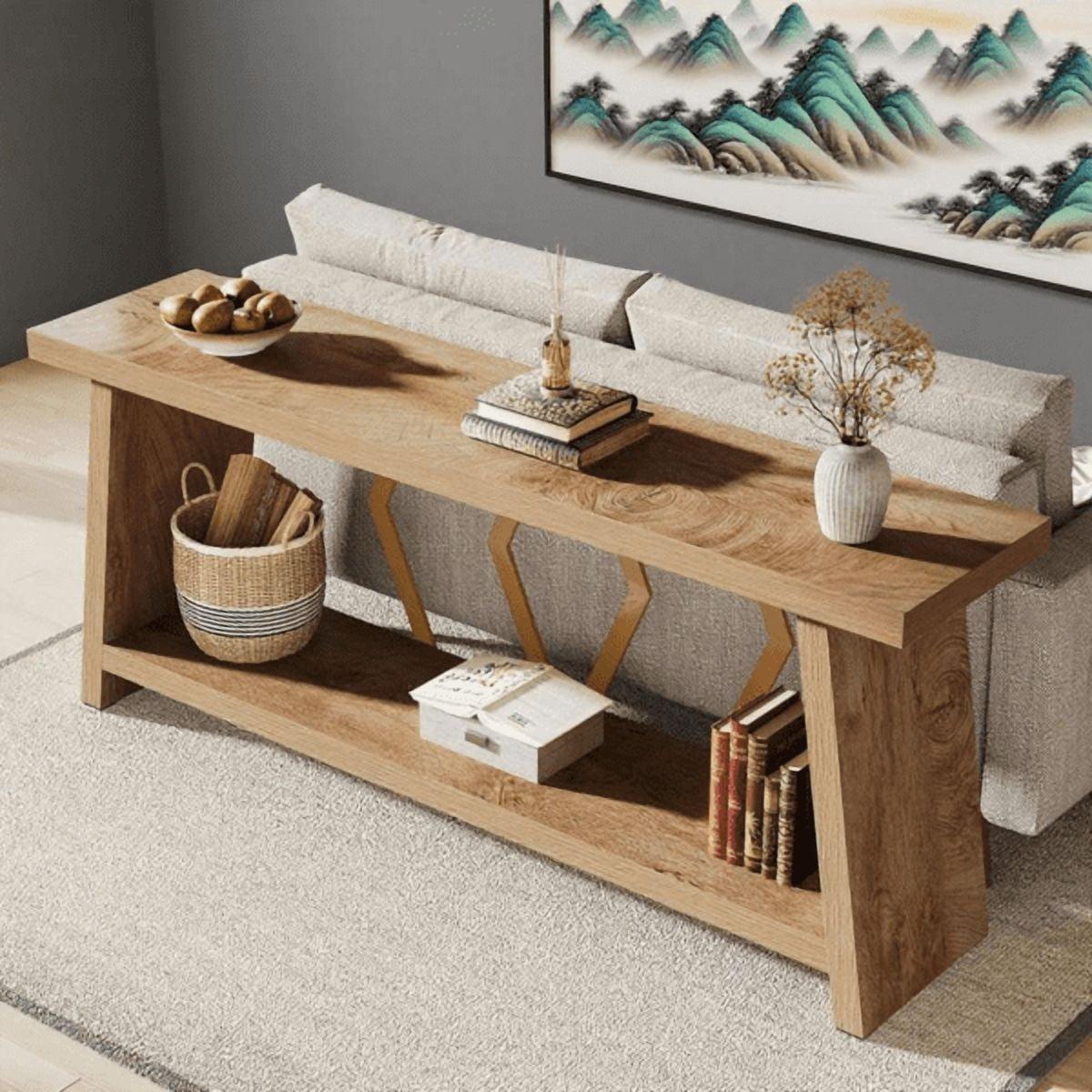 70.86" Extra Long 2-Tier Console Table - 1.97" Thick Engineered Wood, Modern Metal Frame, Sturdy Sofa Table for Living Room, Entryway, Foyer, Behind Couch