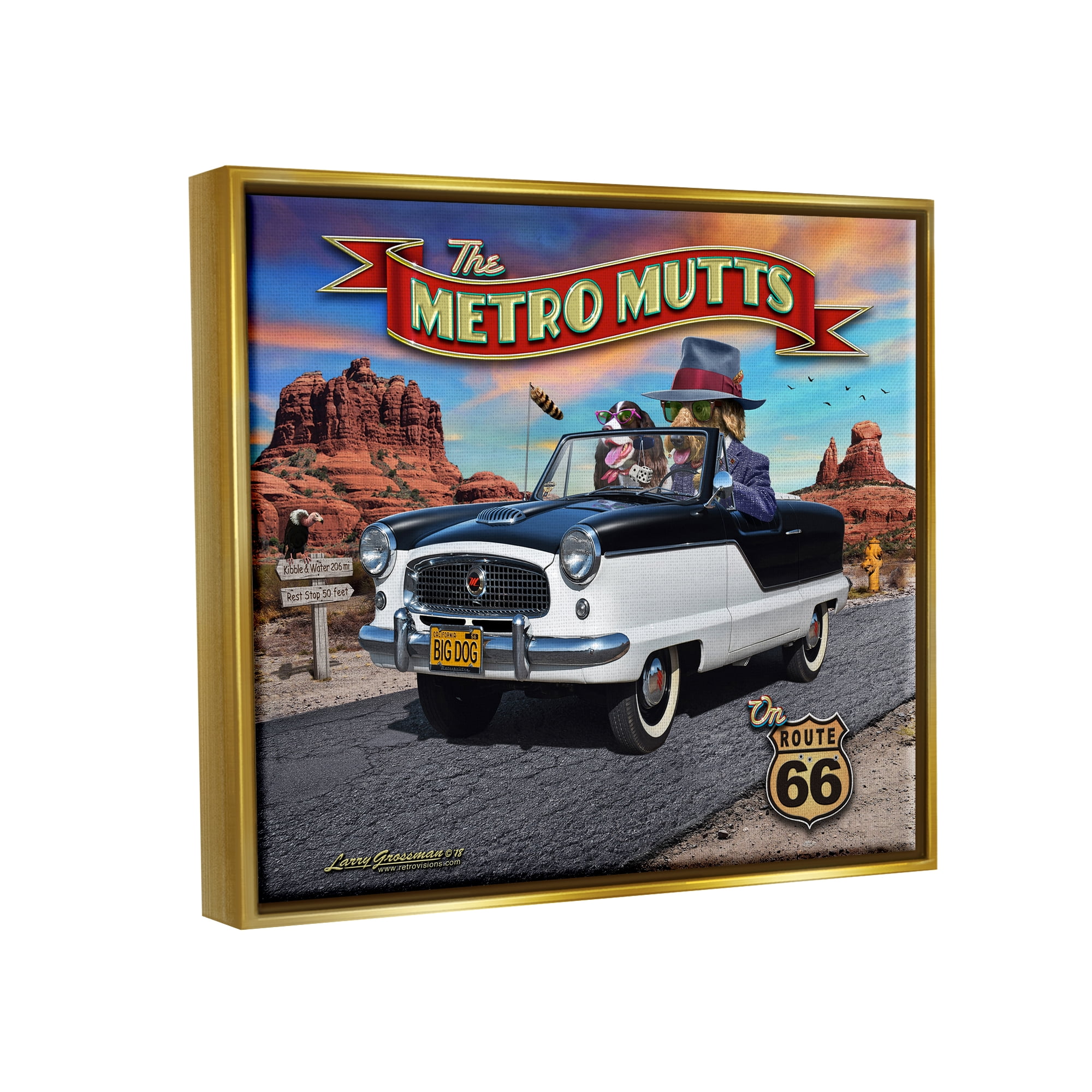 Stupell Industries Metro Mutts Vintage Car Transportation Painting Gold Floater Framed Canvas Art Print Wall Art, 21 x 17