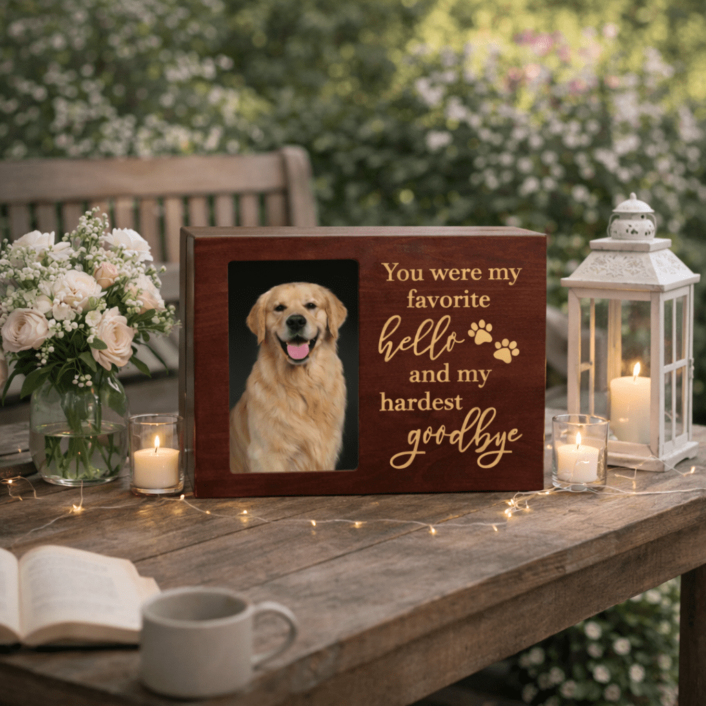 Pet Memorial Urn, Large Wooden Cremation Urn with Photo Frame, Keepsake Memory Box for Dog and Cat Ashes, Black Flannel Lining