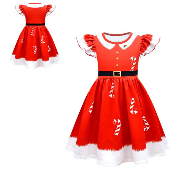 Girl Christmas Outfit Flutter Sleeve Girl Christmas Dress Kids Party Dresses for Girls Size 6-7 Years