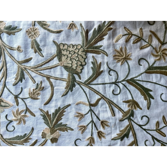 Cotton Crewel Hand Embroidered Fabric – Kashmir Crewel, White Base with Wool Embroidery, 60 Inch Wide, 1/2 Yard Cut, Artisan Home Decor Fabric