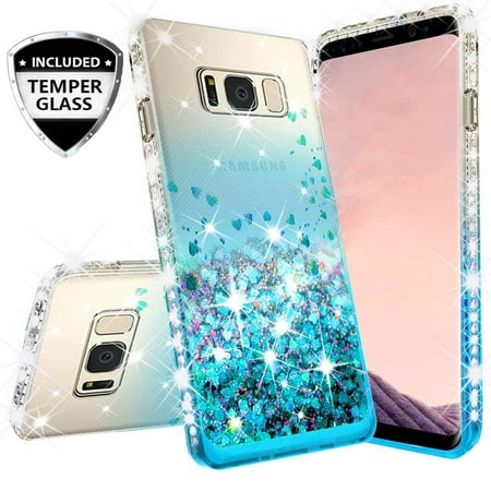 Compatible for Samsung Galaxy Note 5 Case, with [Temper Glass Screen Protector] SOGA Diamond Glitter Liquid Quicksand Cover Cute Girl Women Phone Case [Clear/Teal]