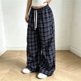 thumbnail image 5 of Edvintorg Wide Leg Pants for Women Elastic Waisted Plaid Trouser Drawstring Loose Casual Pant with Pocket Women's Clothes Navy S-2XL, 5 of 7