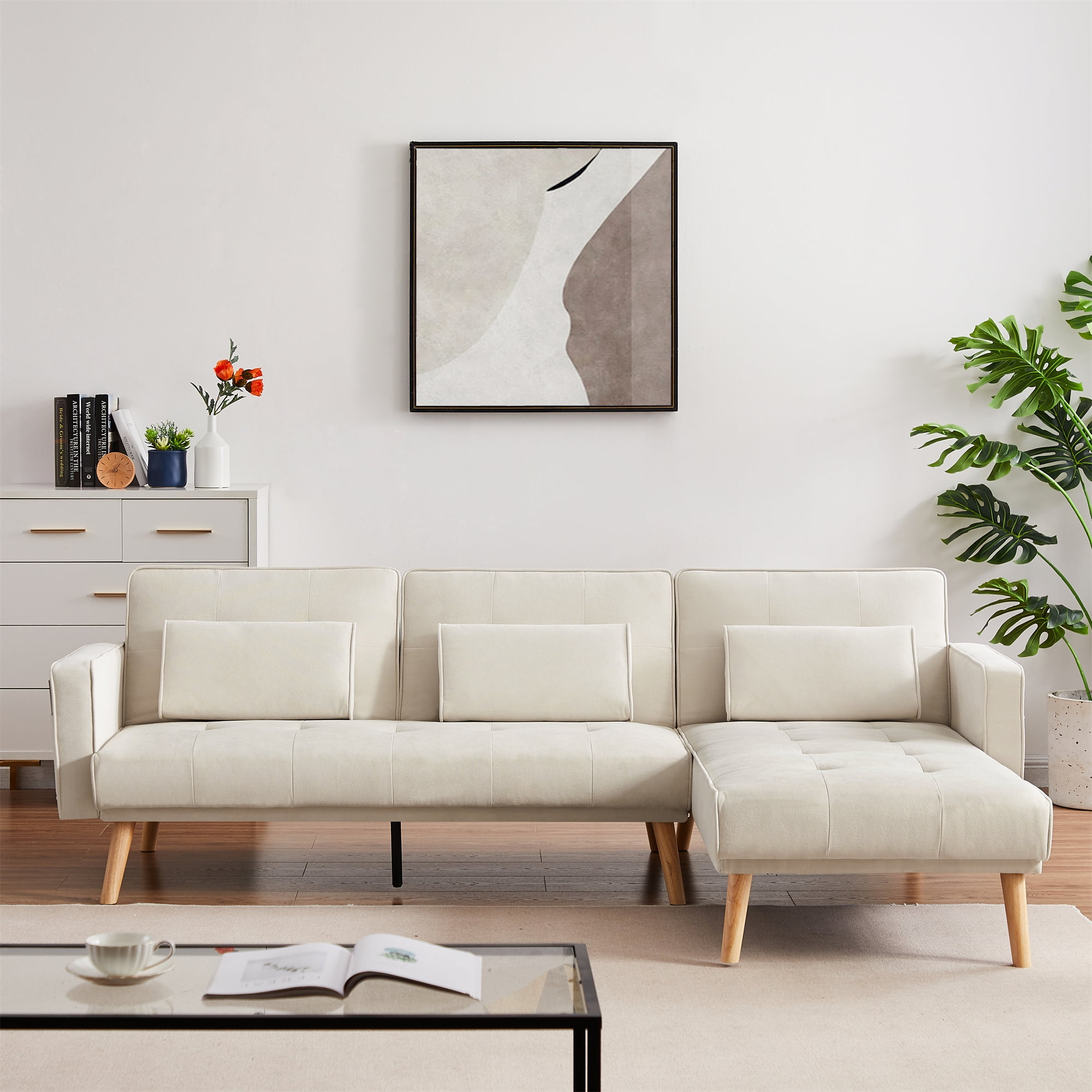 Aukfa 94 Futon Sofa Bed Convertible Sleeper Sofa for Living Room Left Facing Chaise Linen Beige Walmart