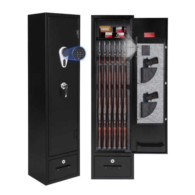 Heavy Duty Gun Safe – 60''H Large Capacity Rifle & Handgun Safe with Biometric Fingerprint & Digital Keypad – Quick Access, Removable Shelves, Handgun Pockets, Dual Alarm – Black Security Cabinet