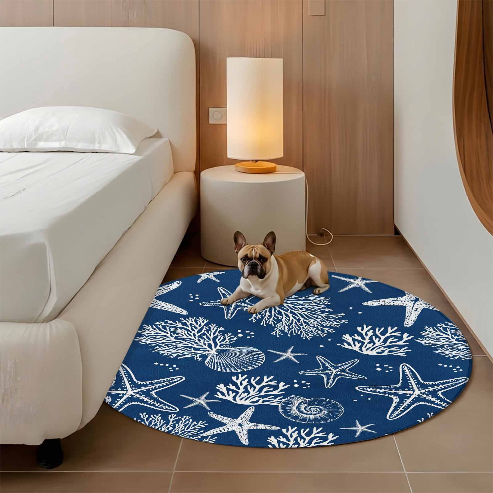 Navy Blue Coastal Round Area Rug 5Ft Washable Circle Rugs for Living Room Bedroom, Nautical Beach Starfish Coral Summer Non-Slip Carpet Floor Mats Indoor Outdoor Carpet Runner Aesthetic Home Decor