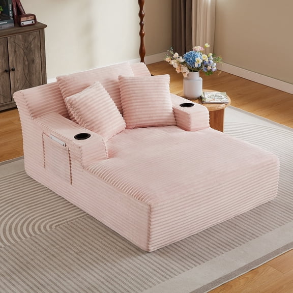 Oversized Chaise Lounge Chair Indoor, Comfy Deep Seat Sleeper Cloud Couch with Throw Pillow, Faux Fur Upholstered Deep Seat Accent Chair for Living Room & Office, No Assembly Required, Pink