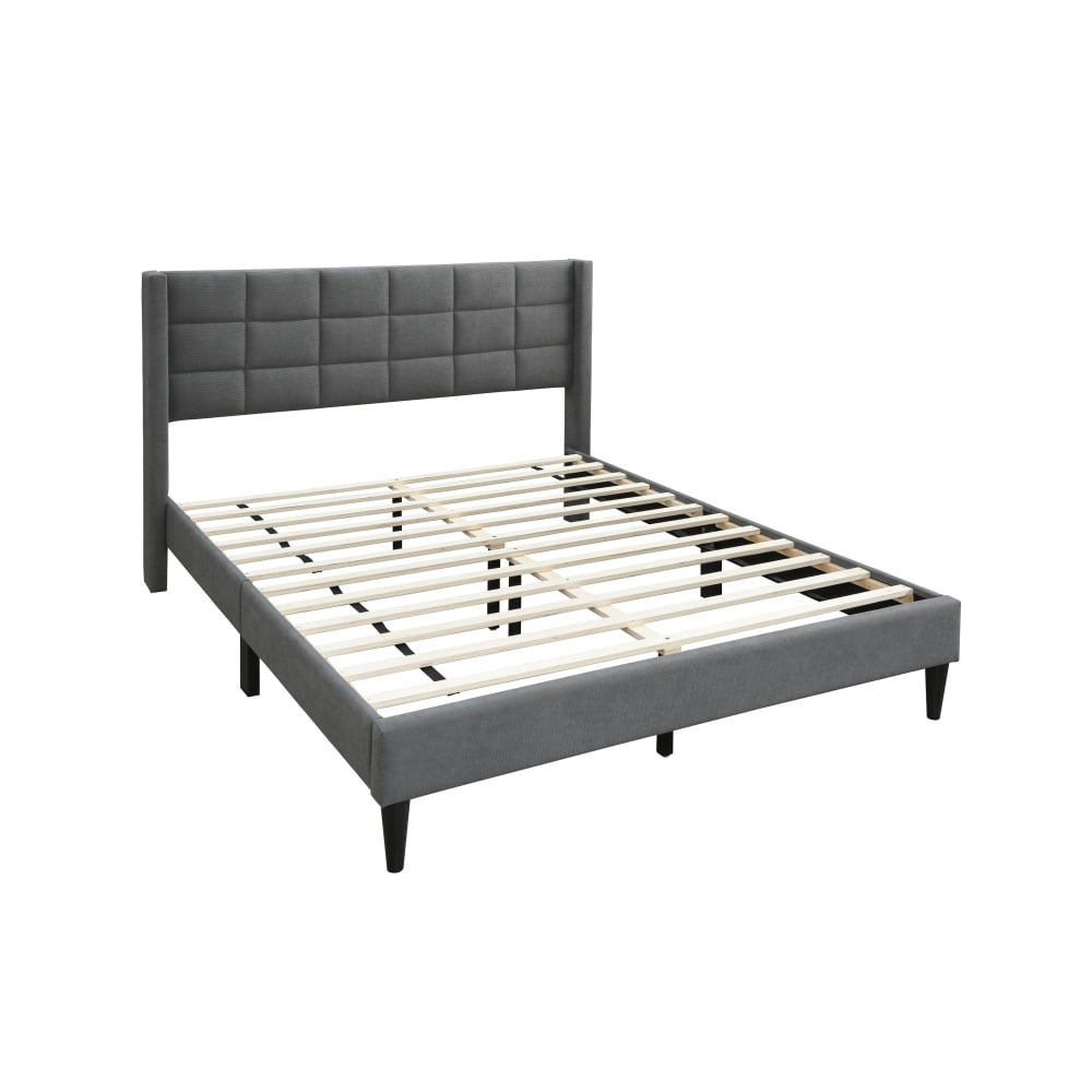 Tcbosik Upholstered Platform Bed Queen Size, Bed Frame with Button Tufted Button Wingback Headboard, No Box Spring Needed, Gray