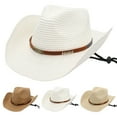 thumbnail image 3 of Unisex Western Straw Cowboy Hat for Men Women Wide Brim Sunshade Cap for Summer Beach Travel Vacation Wild West Boonie Hat Everyday Casual Apparel Accessory with Chin Strap, 3 of 3