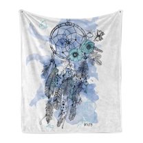Bohemian Soft Flannel Fleece Throw Blanket, Watercolor Style Dream Catcher Feathers and Butterflies, Cozy Plush for Indoor and Outdoor Use, 50" x 70", Pale Ceil Blue Aqua, by Ambesonne