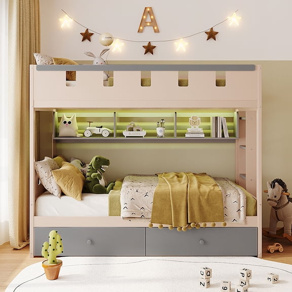 Harper & Bright Designs Twin over Twin Castle Bunk Bed with Storage Drawers and Shelf, Wooden Twin Size Bunk Beds Frame with LED Light for Bedroom, Gray