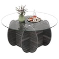 thumbnail image 3 of 35" Modern Round Coffee Table with Tempered Glass Top and Solid Wood Base, Unique Circle Center Table for Living Room,Black, 3 of 8