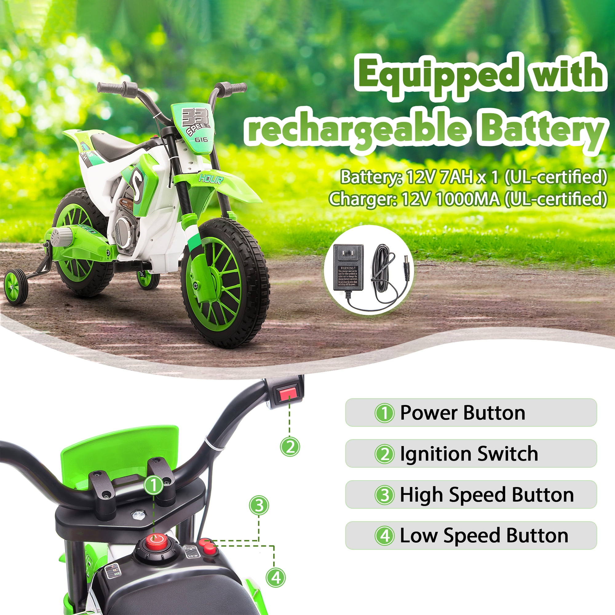 TOBBI 12V Electric Motorcycle for Kids Dirt Bike Ride on Toy Battery Powered Off-Road Motorbike w/ 2 Speeds, 35W Dual Motors, Training Wheels, Green