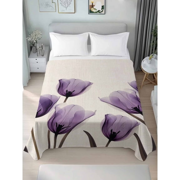 Purple Tulip Flower Queen Size Flat Sheet, Wrinkleproof & Fadeproof Cooling Flat Bed Sheet Only, Aesthetics Farmhouse Floral Plant Breathable Soft Bedding Top Sheets 90 x 102 Inches