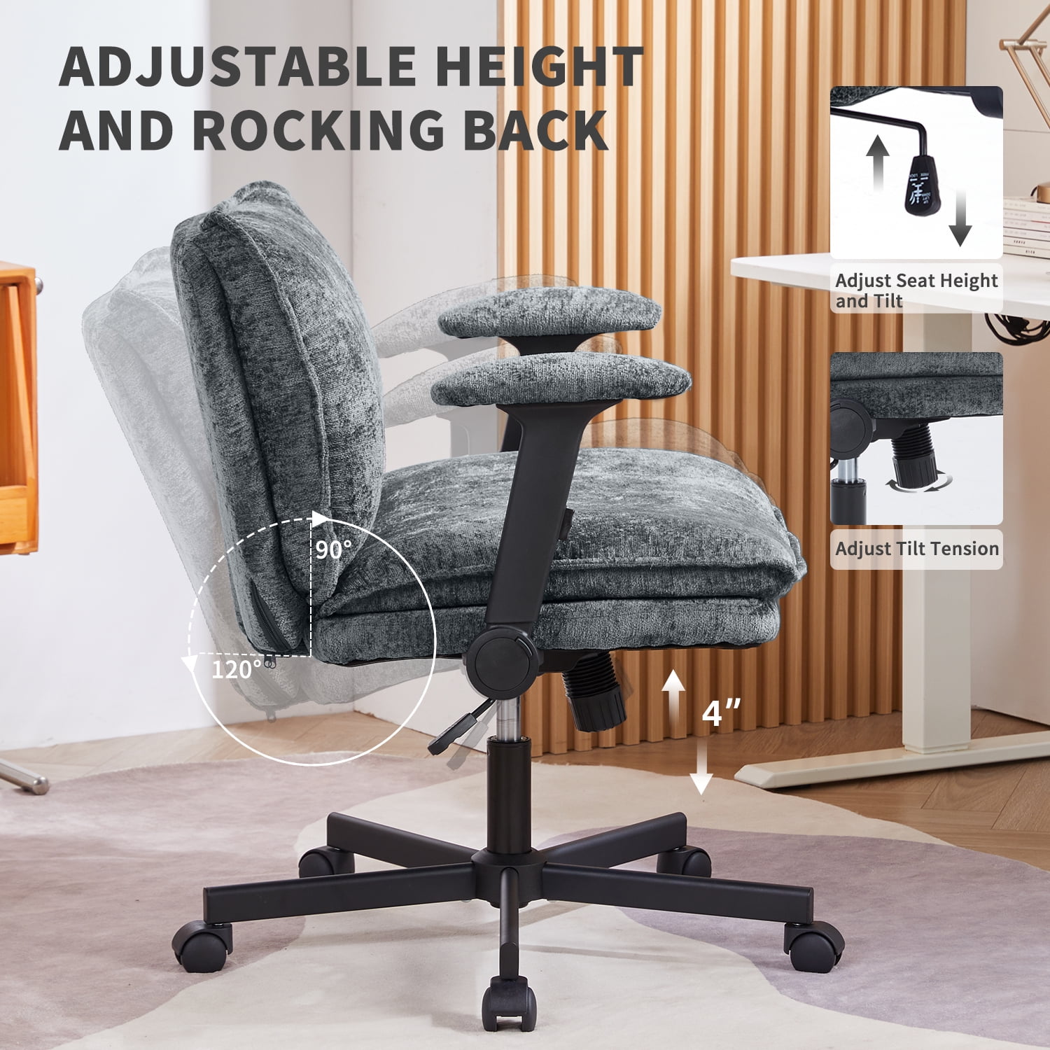 Criss Cross Chair with Wheels and Adjustable Flip-Arms, Cross Legged Office Chair with Thick Cushion, Wide Makeup Vanity Chair, Comfy Swivel Desk Chair for Home Office, Apartment, Bedroom, Grey