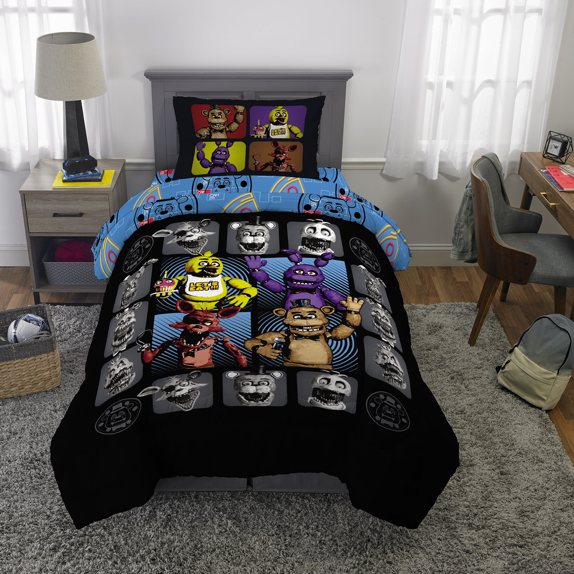 Five Nights at Freddy's Kids 4 Piece Black Blue Reversible Comforter, Bed in a Bag, Twin