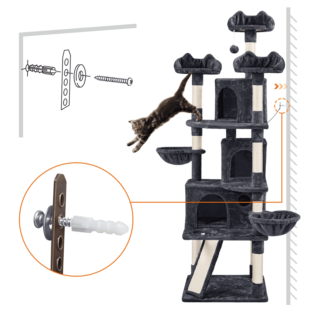 Alden Design 76.5" H Large Cat Tree Tower with 3 Condos Cozy Perches Dangling Ball, Black