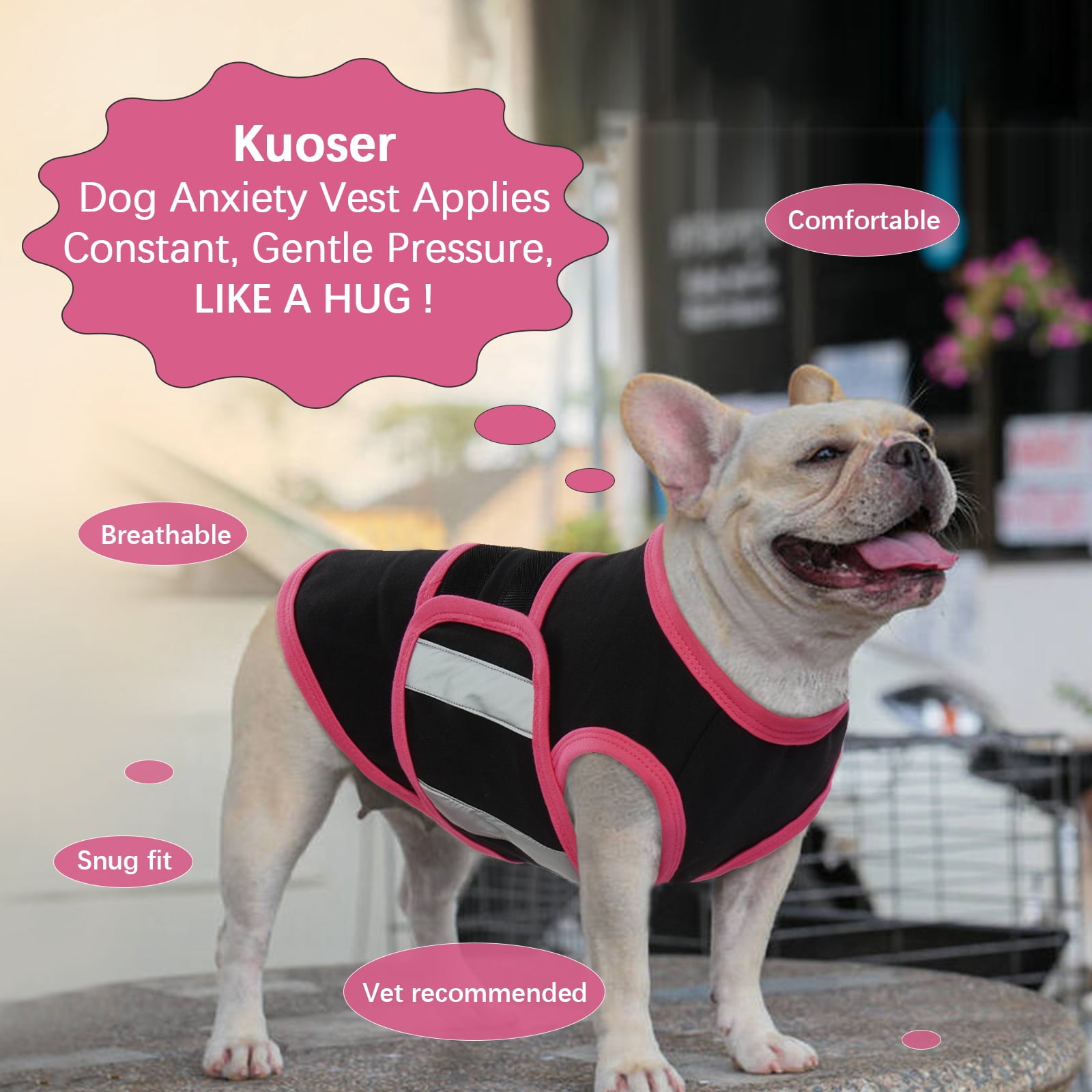 Kuoser Dog Anxiety Vest, Soft and Reflective Calming Shirt for Dogs, Breathable Pet Anxiety Jacket Wrap for Fireworks, Thunderstorms, Separation, Travel, Black, Xl