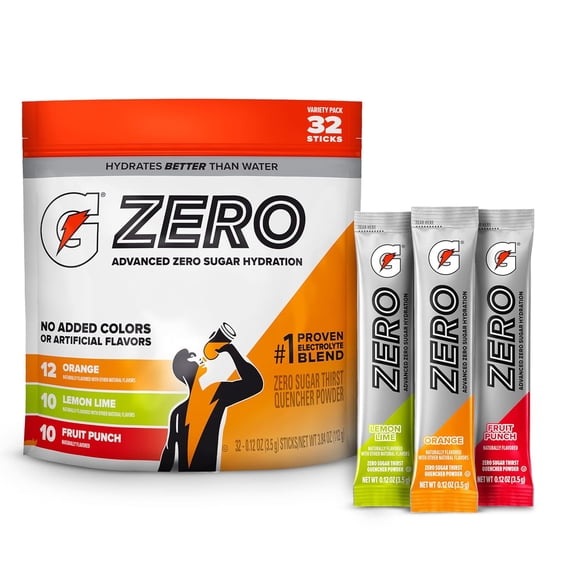 Gatorade Zero Sugar Powder, 3 Flavor Variety Pack, (32 Servings) | Electrolyte Powder Drink Mix, No Artificial Flavors, No Added Colors, Zero Sugar, Sports Drinks, Hydration