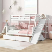 Newest Twin over Full Bunk Bed with 2 Drawers, Slide, Shelves, Ladder, Rubber Wood Bunk Bed with Slide, Drawers,White