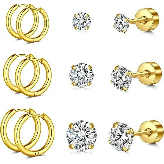 Knubmt 6 Pairs 14K Plated Hoop Earring Round Cubic Zirconia Stud Earrings 316L Stainless Steel Stud Earrings for Men Women, Gold