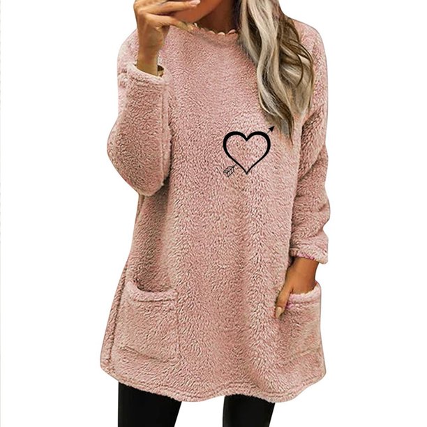 Gibobby Divertidas Sudaderas Sudadera casual de manga larga con cuello redondo de felpa de otoño o invierno para mujer con bolsillo (Rojo, XL)