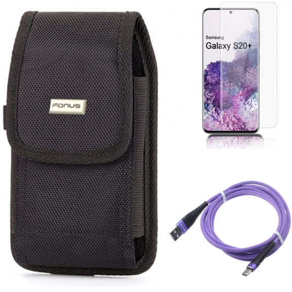 Screen Protector w Case Belt Clip w 10ft USB Cable for Samsung Galaxy S20 Plus - Tempered Glass [Fingerprint Unlock] 3D Curved Edge, Swivel Holster Rugged, Purple Type-C Charger fits Galaxy S20 Plus