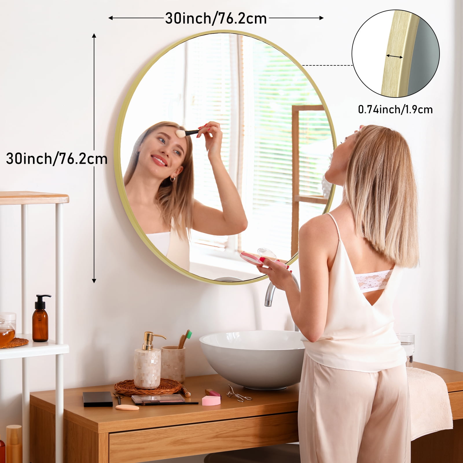 GIANNA 30-inch Round Bathroom Vanity Mirror – Shatterproof, Silver-Plated with Rust-Resistant Aluminum Frame, Gold