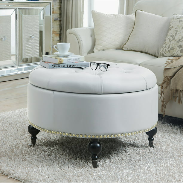 Letitia 31 Wide Faux Leather Tufted, White Leather Round Storage Ottoman