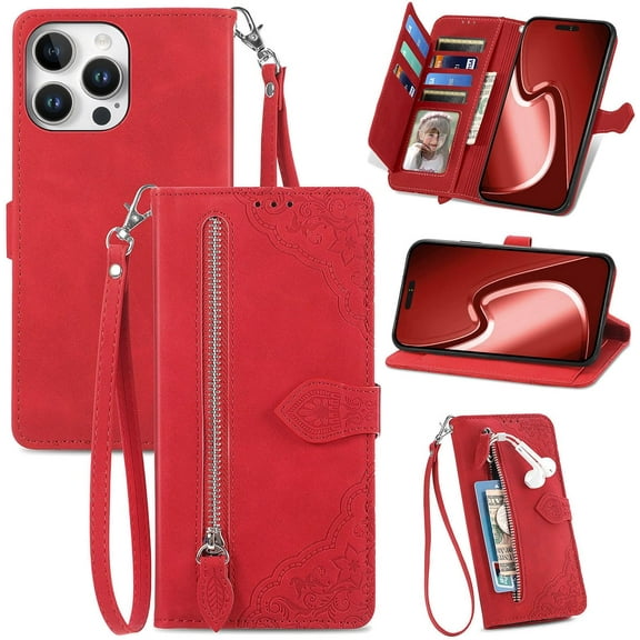 Zipper Storage Design Wallet Case for iPhone 16 Pro Max,Skin Friendly Feel PU Leather Case,Magnetic Clasp and Muliti-Card Slots Phone Holster for iPhone 16 Pro Max,SZY Red