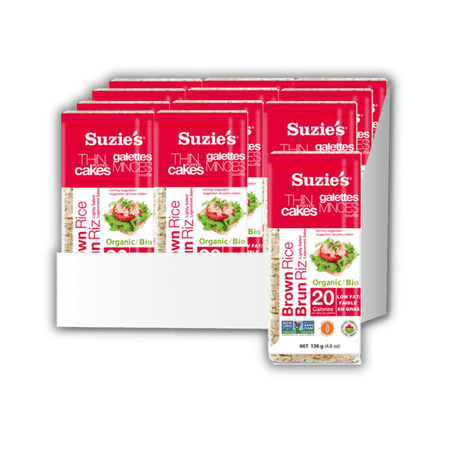 Suzie's Organic Brown Rice Cake Thins|12 Pack|Lightly Salted Low Sodium|USDA Organic, NON-GMO, Fat-Free, Sugar-Free, Gluten-Free|Low-Calorie Snack-20 Calories Per Slice|Bread & Cracker Replacement